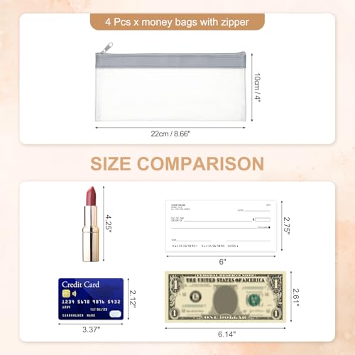 PATIKIL 8.7x3.9 Inch Money Bags with Zipper, 4 Pcs Clear PVC Cash Deposit Bank Pouch Envelopes Makeup Bag Check Wallet for Coin Cosmetics Bill, Gray - color: Gray