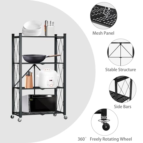 4 Tier Foldable Storage Shelf with Wheels, Metal Steel Collapsible Shelves - color: Black, size: 4 Tier