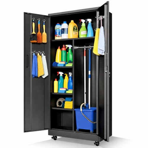 Metal Storage Cabinet for Garage, Tool Cabinet, Utility Cabinet - color: Black, size: L - 2 Doors & Hanging Rod (Wheeled)