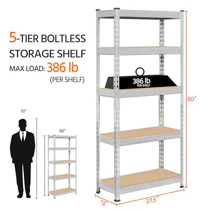 Topeakmart 5 Tier Metal Storage Shelving Unit, 27.5x12x60 Inch, Silver - color: Silver, size: 27.5 x 12 x 60 Inch