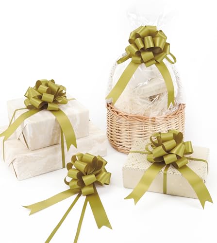 HUIHUANG Gold Christmas Bows for Gift Wrapping 12 PCS Gold Satin Pull Bows - color: Gold, size: 1 Pack (12 bows, 4 in x 8 in)