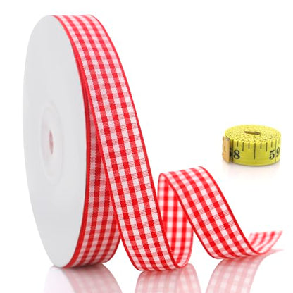 QingHan Red and White Gingham Ribbon: 5/8 Inch 25 Yards for Crafts Gift Wrapping - color: Red/White