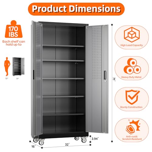 71 in Garage Storage Cabinet with Wheels, Black and Dark Grey - color: Black-dark Gray, size: 16"D x 32"W x 71"H