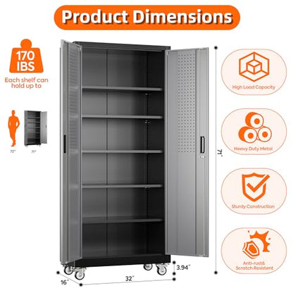 71 in Garage Storage Cabinet with Wheels, Black and Dark Grey - color: Black-dark Gray, size: 16"D x 32"W x 71"H