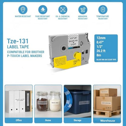 1-Pack Compatible with Brother P-Touch TZe-131 12mm Clear Label Tape - color: Clear, size: 12mm