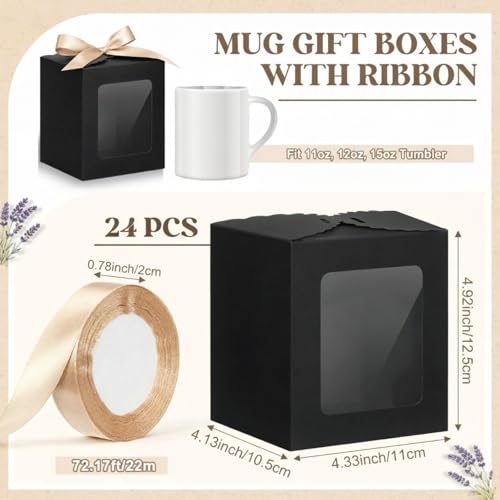 Kolldenn 24 Pcs Mug Gifts Boxes with Ribbon, 11oz, 12oz, 15oz, Black - color: Black