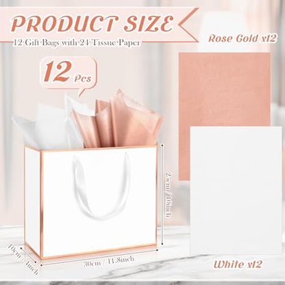 ReliThick 12 Pack Paper Gift Bag with Handles & Tissue, Rose Gold, White - color: Rose Gold, White