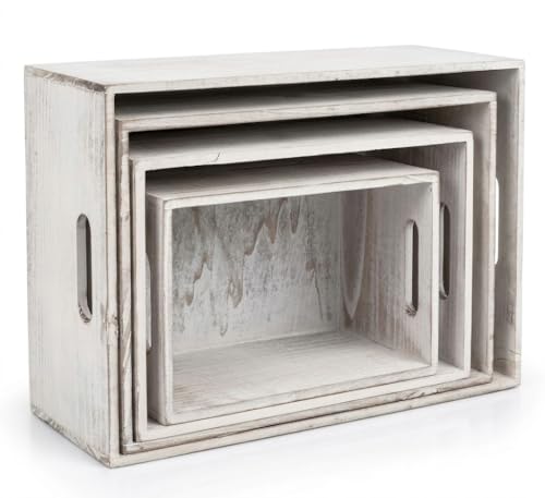 Oojami 4 Pack Nesting Wooden Crates for Display, Whitewashed with Handles - color: Rustic White