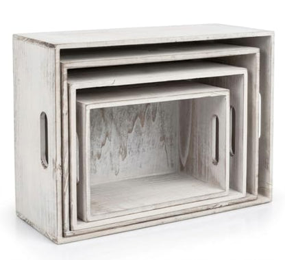 Oojami 4 Pack Nesting Wooden Crates for Display, Whitewashed with Handles - color: Rustic White
