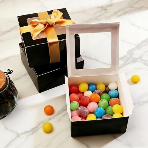 Frantis 24 Pack Black Gift Boxes with Window, 4x4x2 Inch Soap Boxes for Packaging, Small Favor Treat Boxes for Cookies, Candy, Handmade Soap, Wedding Party Favors with Gold Ribbon