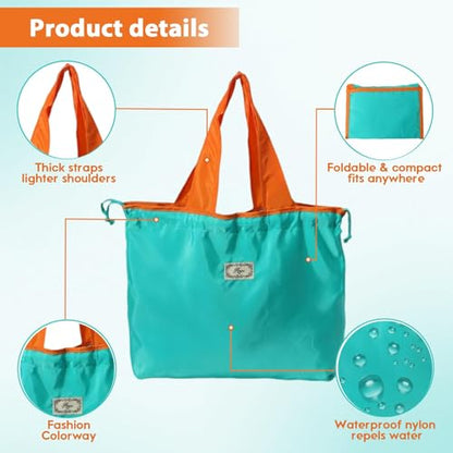 Reusable Drawstring Tote Bag for Shopping Travel and Grocery Lightweight Compact Eco Friendly and Foldable Design - color: Lake Blue Medium