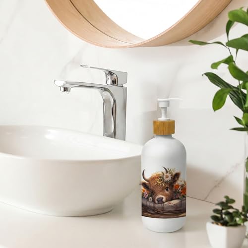 Floral Highland Cow Soap Dispenser, Rustic Farmhouse Farm Animal Glass Dish Soap Dispenser for Kitchen, Highland Cow Refillable Handsoap Pump Bottle for Bathroom Countertop Kitchen - color: Farmhouse 01