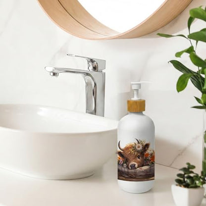 Floral Highland Cow Soap Dispenser, Rustic Farmhouse Farm Animal Glass Dish Soap Dispenser for Kitchen, Highland Cow Refillable Handsoap Pump Bottle for Bathroom Countertop Kitchen - color: Farmhouse 01