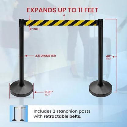 Crowd Control Warehouse 2-Pack Retractable Belt Stanchions, Black/Yellow - color: Black/Yellow Belt with Black Post