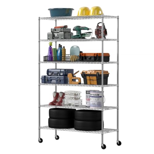 FDW | 6-Tier Wire Shelf with Wheels | 48" x 18" x 76" | Chrome - color: Chrome, size: 48×18×76