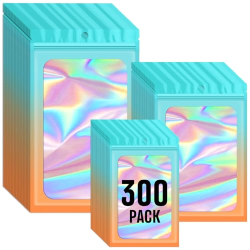 Funfery 300 Pack 3Size Mylar Holographic Bags with Clear Window,Blue Orange - color: Blue Orange, size: 3x4.7+4x6+4.7x7.9 Inch