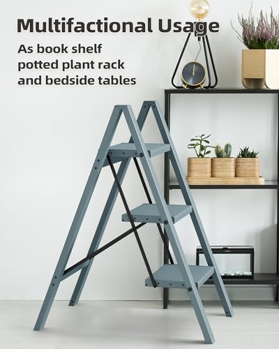 HillhutApex 3 Step Stool Foldable Ladder,Aluminum Step Ladder - color: Light Blue