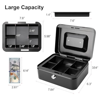 Jssmst Locking Medium Steel Cash Box with Money Tray,Lock Box,Black - color: Black, size: M(7.87")