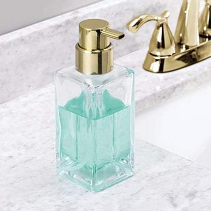 mDesign Glass Refillable Foaming Hand Soap Dispenser Modern Square Pump Bottle for Bathroom Vanities or Kitchen Sink, Countertops - 2 Pack - Clear/Soft Brass - color: Clear/Soft Brass