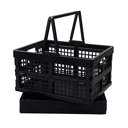 2 Pack Folding Plastic Crate, Collapsible Shopping Basket with Handles