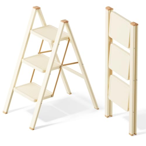 SOLADDER 3 Step Ladder, Folding Step Stool, Cream Chocolate - color: Cream Chocolate, size: 3 Step