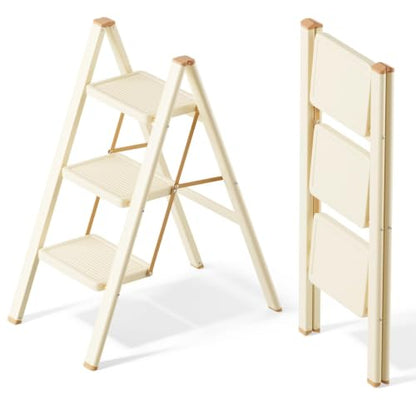 SOLADDER 3 Step Ladder, Folding Step Stool, Cream Chocolate - color: Cream Chocolate, size: 3 Step