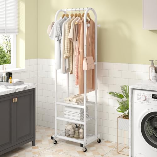 Kaitiemoo Clothing Rack, Mobile Garment Rack with Wheels & 3 Shelves, White - color: White