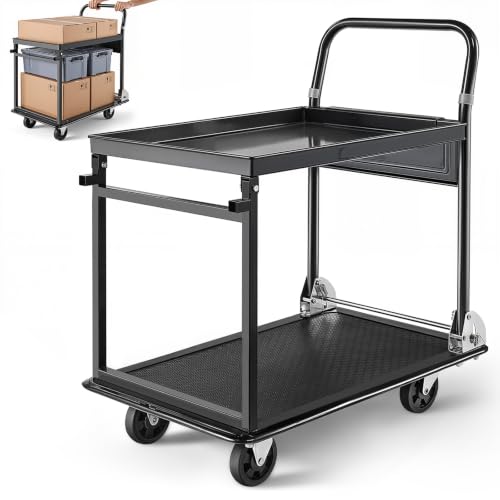 VEVOR Heavy Duty 2 Tier Platform Hand Truck, 700 lbs 2 Tier Push Tool Cart with High-Strength Steel, Utility Cart for Warehouse, Garage, Workshop, Office - size: 28.7 x 18.5 x 32.3 in/ 730 x 470 x 820 mm