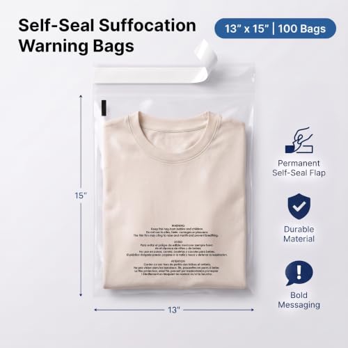 13” X 15” (100 Count) Self Seal Clear Poly Bags with Suffocation Warning - size: 13" X 15"