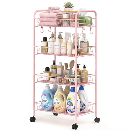 PLKOW 4-Tier Rolling Utility Cart with Detachable Baskets, Pink - color: Pink