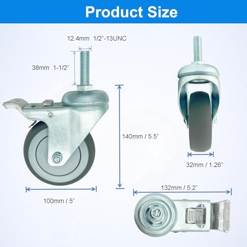 4 inch Swivel Caster Wheels Heavy Duty, 1/2" x13-1-1/2 Threaded Stem Casters Set of 4, TPR Rubber Wheels for Hospital, Lab, Furnitures,Restaurant - color: Grey TPR, size: 1/2"-13x1-1/2", style: 4 no brake