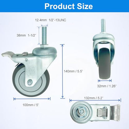 4 inch Swivel Caster Wheels Heavy Duty, 1/2" x13-1-1/2 Threaded Stem Casters Set of 4, TPR Rubber Wheels for Hospital, Lab, Furnitures,Restaurant - color: Grey TPR, size: 1/2"-13x1-1/2", style: 4 no brake