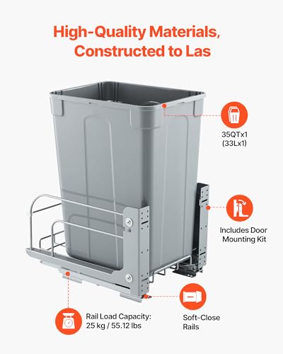 VEVOR Pullout Trash Can for Kitchen Cabinets, 35 QT Garbage Waste Recycling Bin, Under Mount Waste Container, with Heavy Duty Metal Soft Close Sliding System and Door Kit, for Sink, Under Counter - size: 35 QT, style: With Soft Close