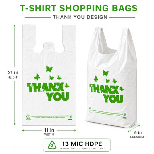 YoYoRain 1000 Count Large T-Shirt Bags – White Plastic Shopping Bags with Handles, 11"x6"x21", for Retail, Merchandise, Grocery, Supermarket Use - style: Green Bf