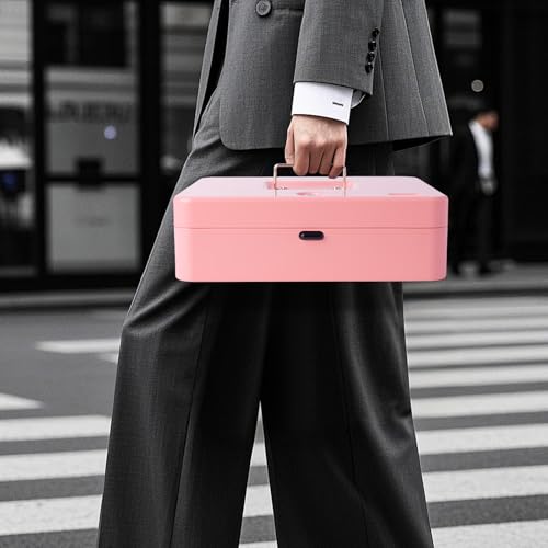 Cash Box with Money Tray and TOP Key & Push-Button Lock, Money Saving Lock Box, Safe Locking Box for Cash Register XL 11.8"x9.45"x3.54" Pink - color: Pink with top key