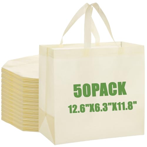 50pcs Reusable Grocery Bags with Handles Non Woven Shopping Tote Bags Bulk - color: Beige