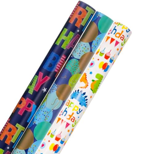 Viadom Dinosaur Birthday Wrapping Paper 3 Rolls Happy Birthday Dinosaur Balloon Printed Gift Wrapping Paper for Boys Girls Kids - Mini Roll 17 inch x 120 inch(10feet) Per Roll - color: Blue/White Dinosaur