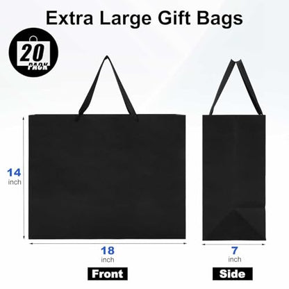 Fuyoooo 20 Pcs 18"x7"x14" Extra Large Gift Bags with Ribbon Handles, Black - color: Black