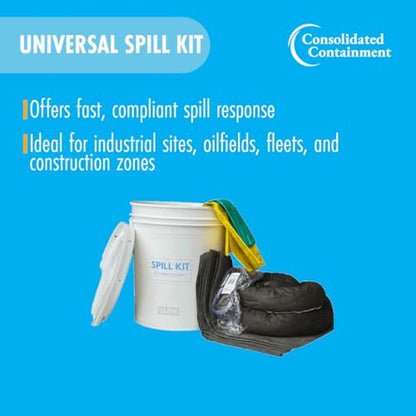 Universal Spill Kit – OSHA Compliant Solution for Vehicles, Industrial, Commercial, & Restaurant Use, Emergency Response Chemical, Water, & Bodily Fluid Cleanup - 5 Gallons