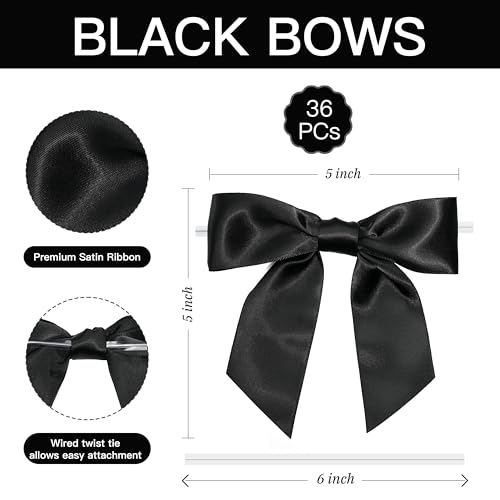 Black Satin Ribbon Twist Tie Bows, 5 Inch, 36 Pack - color: Black