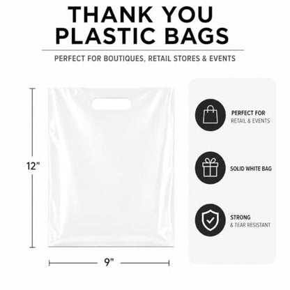 100 Pack White Plastic Shopping Bags 9" x 12" with Die Cut Handles - size: 100 Count (Pack of 1)