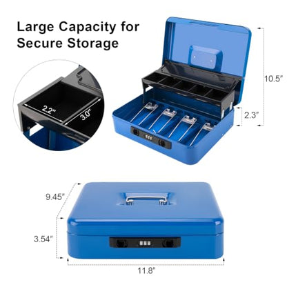 Jssmst Metal Cash Box with Money Tray and Lock, Portable Cash Drawer, 11.8" - color: Blue Code-B