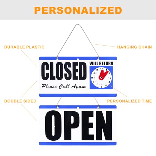 Eagle Open and Closed Sign, Plastic, with Hanging Chain, Dual Sides with “Will Return” Clock, 6X11.5-Inches