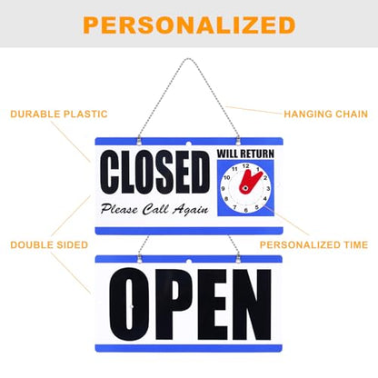 Eagle Open and Closed Sign, Plastic, with Hanging Chain, Dual Sides with “Will Return” Clock, 6X11.5-Inches