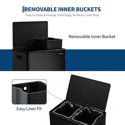 10.5 Gal Dual Compartment Stainless Steel Kitchen Trash Can with Lid, 20L+20L Recycling Garbage Bin, Soft Close Foot Pedal Trash Bin with 2 Removable Inner Buckets, Fingerprint Resistant for Home Offi - color: Black, size: 2x5.25Gal
