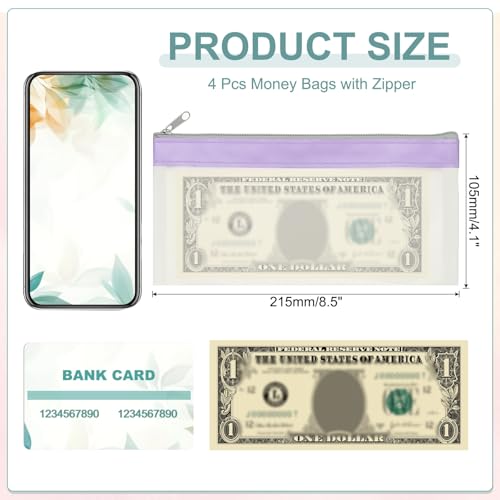 PATIKIL 8.5x4 Inch Money Bags with Zipper, 4Pcs Clear PVC Cash Deposit Bank Pouch Envelopes Check Wallet for Coin Cosmetics Invioce Bill, Purple - color: Purple