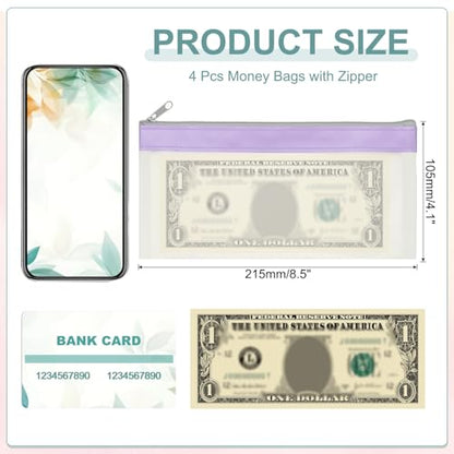 PATIKIL 8.5x4 Inch Money Bags with Zipper, 4Pcs Clear PVC Cash Deposit Bank Pouch Envelopes Check Wallet for Coin Cosmetics Invioce Bill, Purple - color: Purple