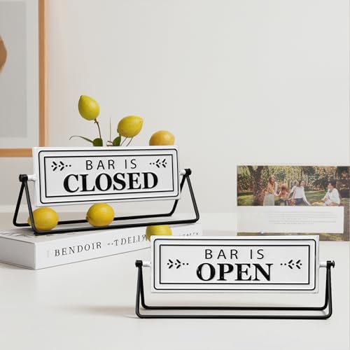 Swivel Bar is Open Closed Sign, Handmade Metal Tabletop Decor for Kitchen or Office Coffee Bar Decor with Black Stand and Embossed Letters