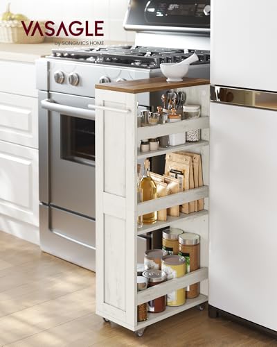 VASAGLE 4-Tier Slide-Out Storage Cart, Slim Kitchen Cart with Wheels - color: Rustic White + Honey Brown, size: 7.9"D