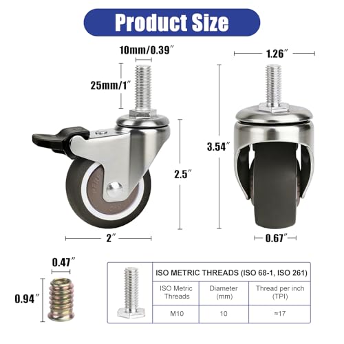 2 Inch Threaded Stem Caster Wheels, Metric M10 x 25MM Swivel Screw Set of 4 - style: 2 Inch